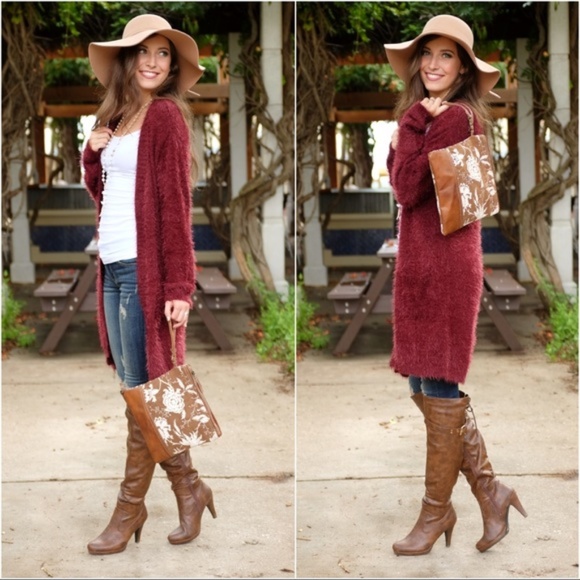 Infinity Raine Sweaters - LAST ONE! Burgundy Fuzzy Open Cardigan